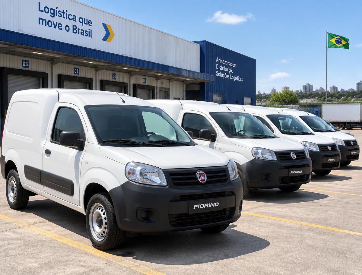 Frota de Fiorinos brancos estacionados no pátio do galpão