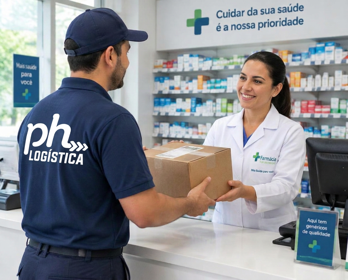Entregador da PH Logística entregando uma caixa a uma farmacêutica no balcão da farmácia